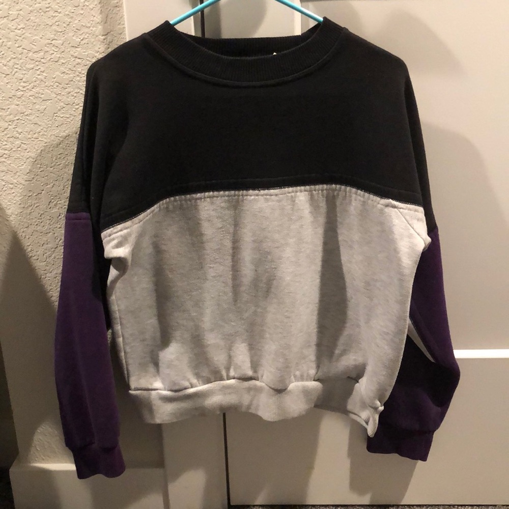 black, white and purple crewneck